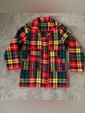 Vintage Handmade Wool Blanket Jacket Red Green Yellow Plaid Long Coat